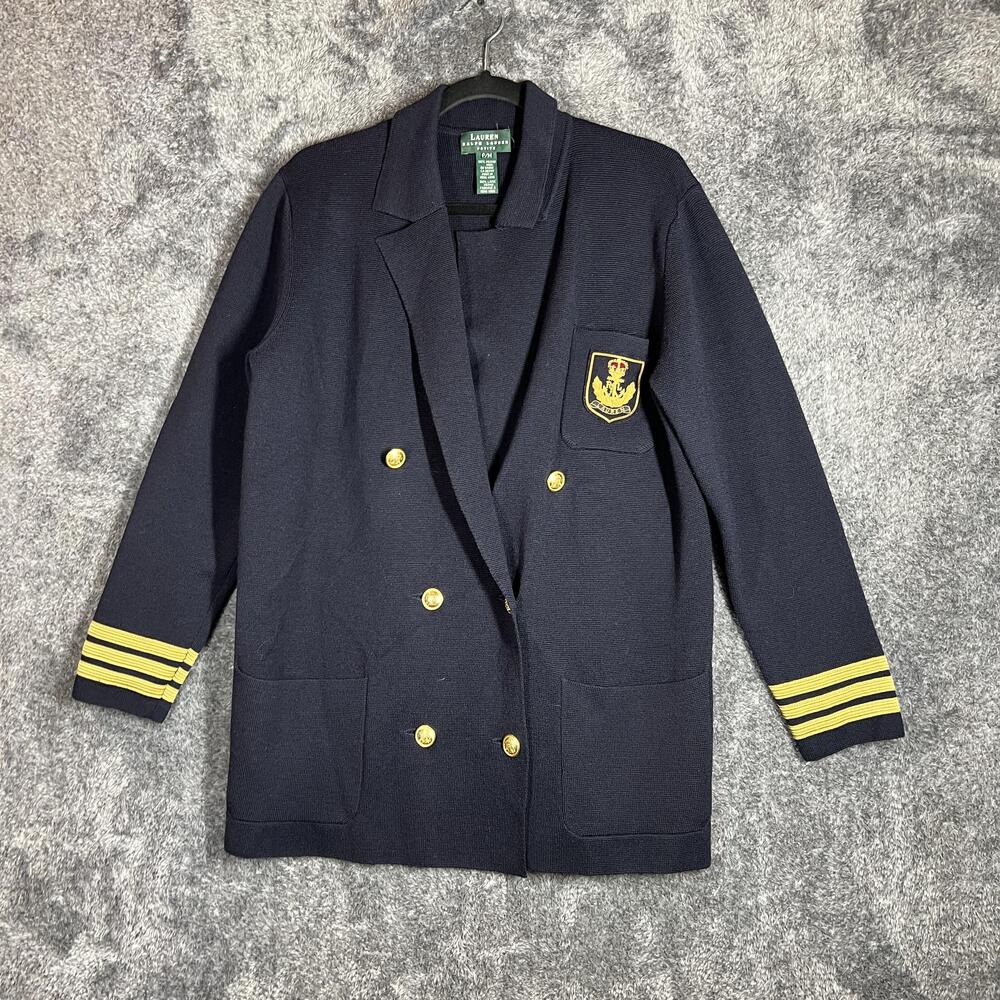 Lauren Ralph Lauren Cardigan Sweater Womens M Petite Blue Crest Embroidered